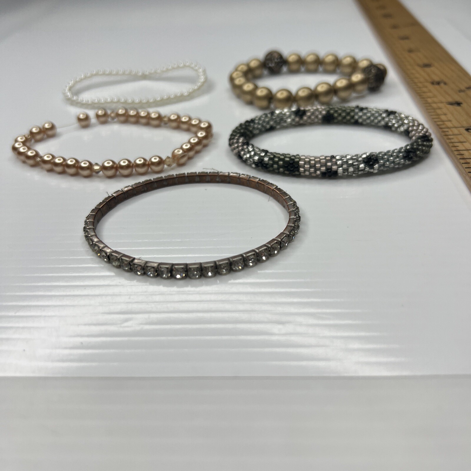 H6 Lot Champagne Pearls Strands Stretch Beaded Boho Hippie Retro Bracelets