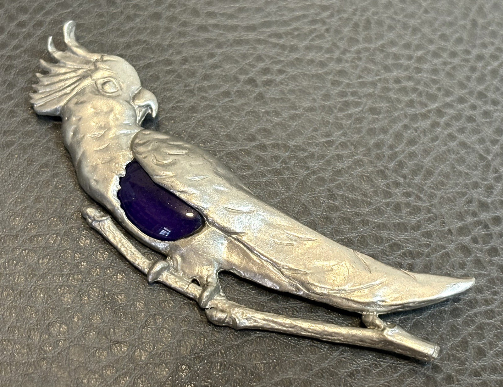 4” Vintage Luja Deco Pot Metal Blue Glass Cabochon Bird Parrot Cockatoo Brooch