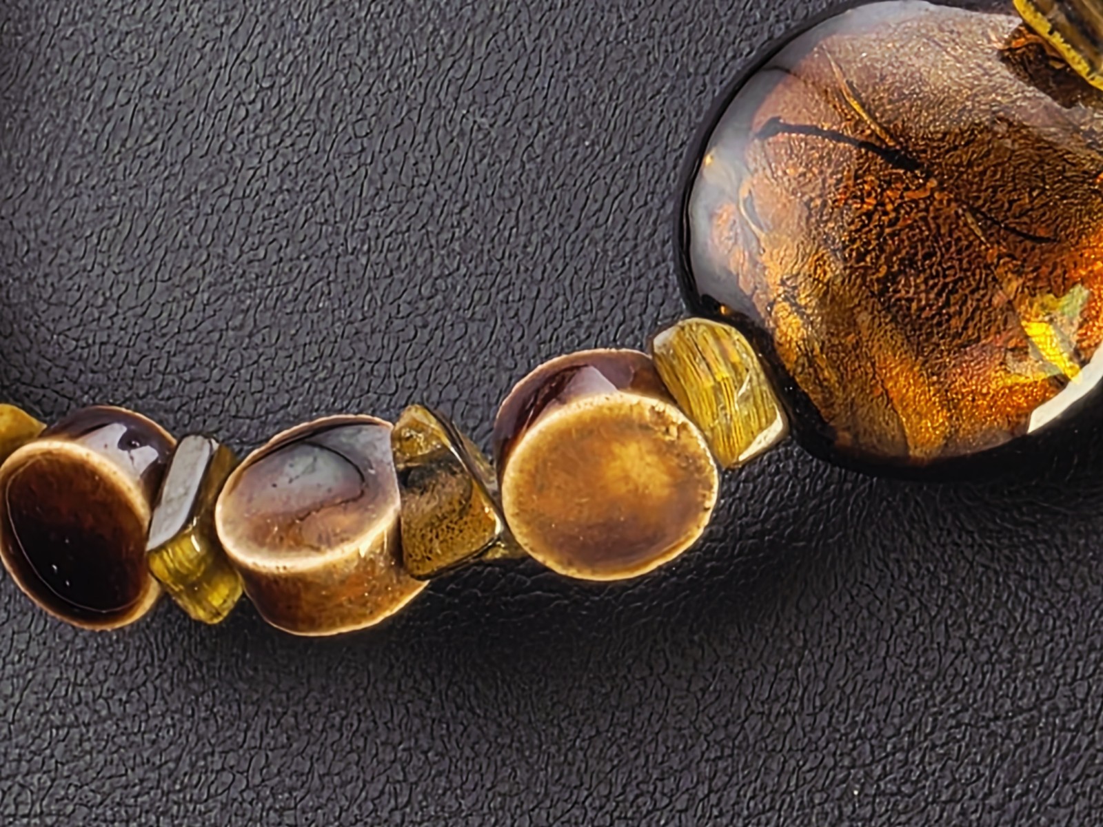 Vintage TIGER’S EYE Glass Goldstone Necklace Chunky BOHO Earthy Statement 21″