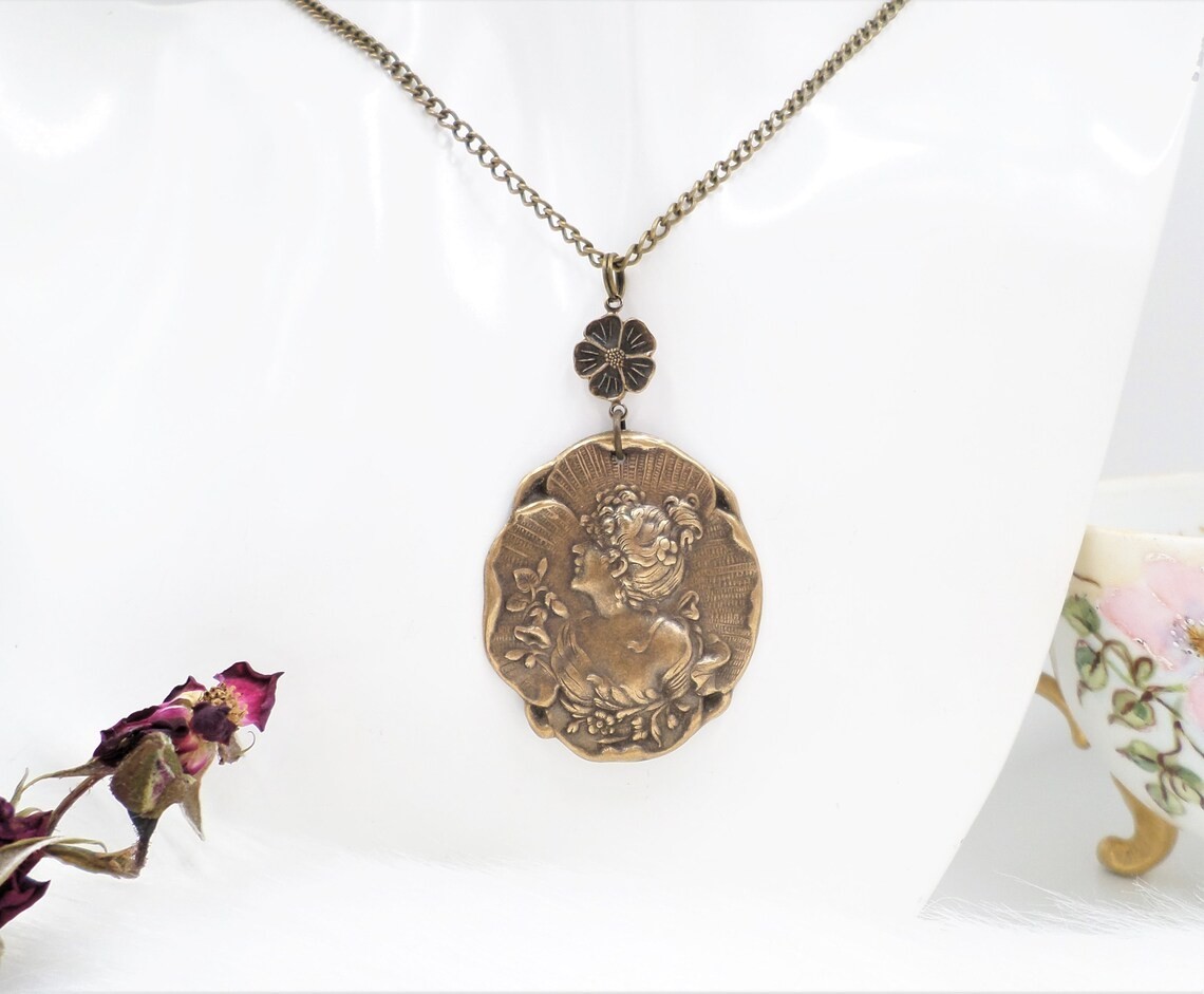Brass Cameo Maiden Necklace, Art Nouveau Romantic Handmade Victorian Jewelry