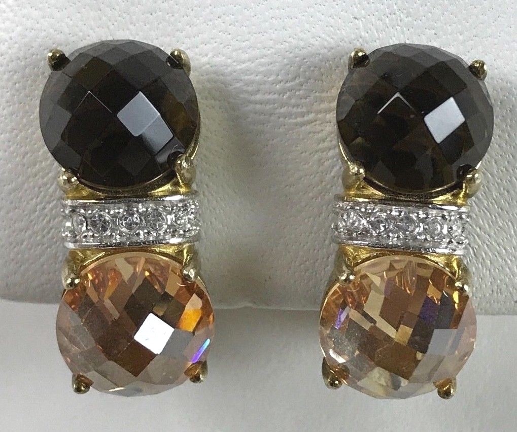 Vintage Yellow Gold Costume Brown Peach Rhinestone Clip Earring