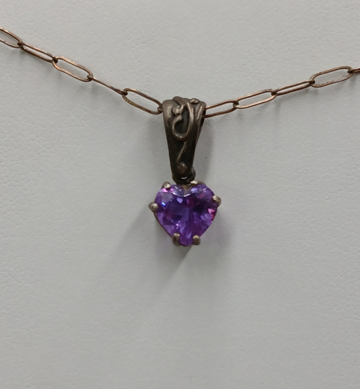 VTG 925 Amethyst CZ Heart Pendant Necklace 24in Sterling Silver 4gtw Scroll Bail