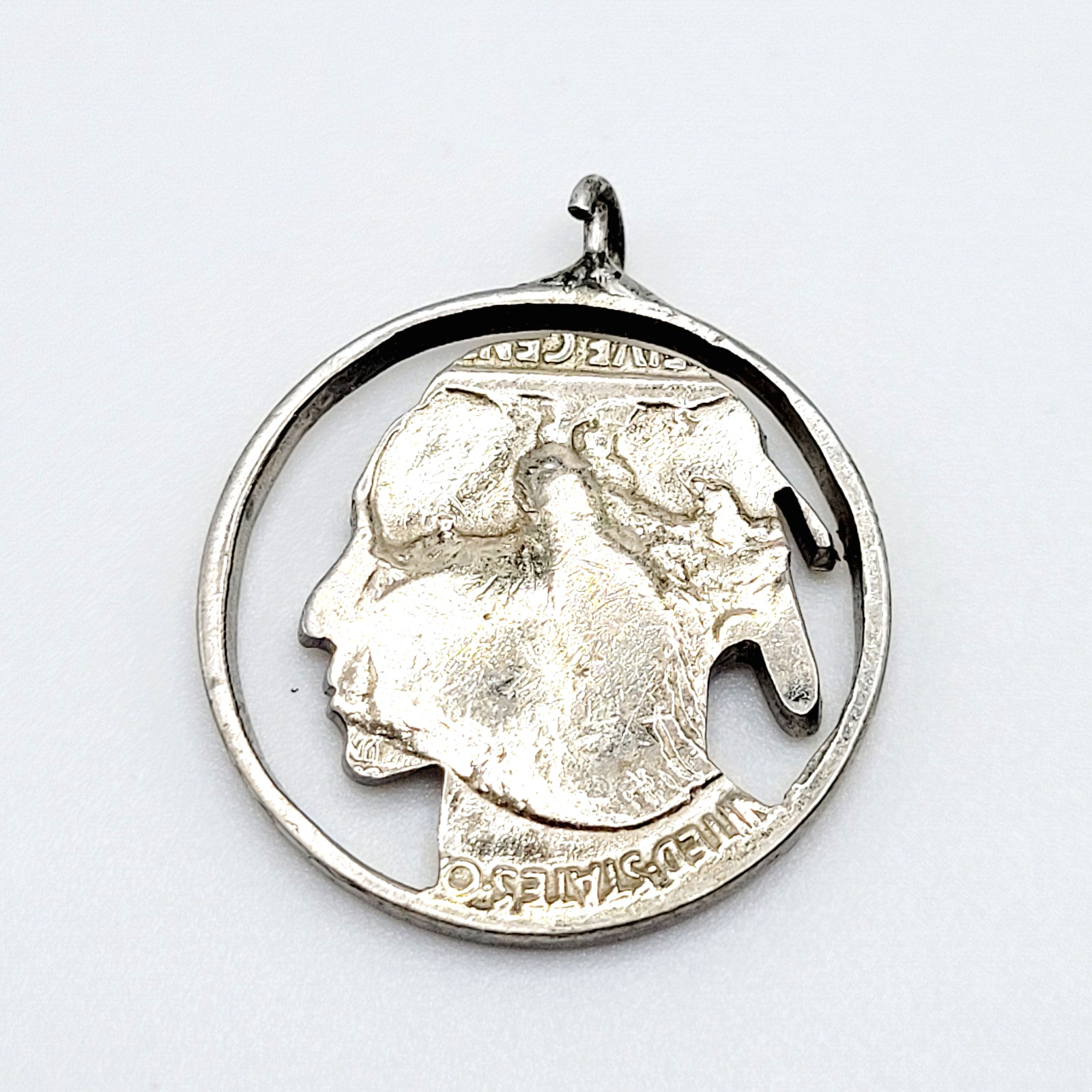 Shiny Buffalo Indian Nickel Silver Tone Cut Coin Pendant Cracked Bail For Repair