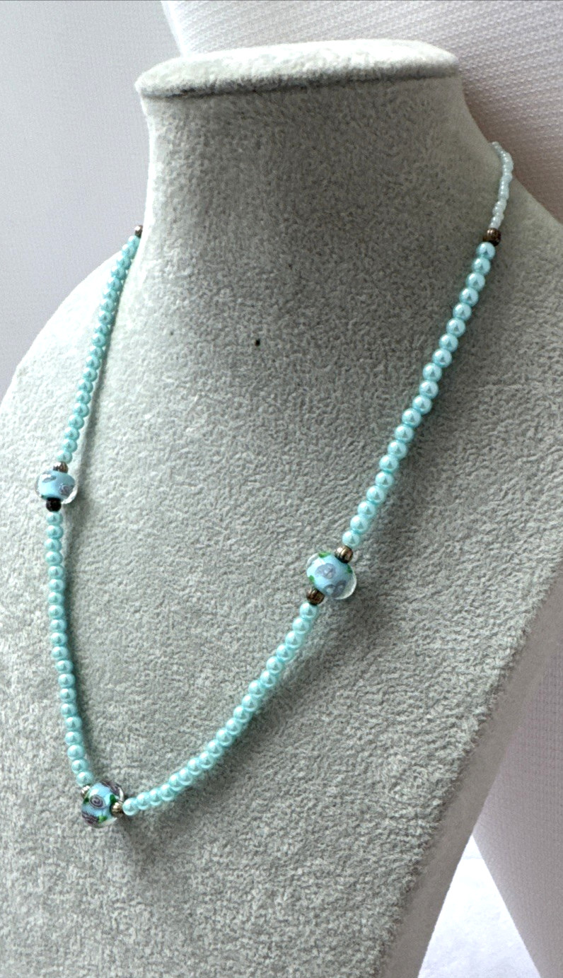Vintage Light Blue Teal Gold Pearlescent Murano Art Glass Rose Beaded Necklace