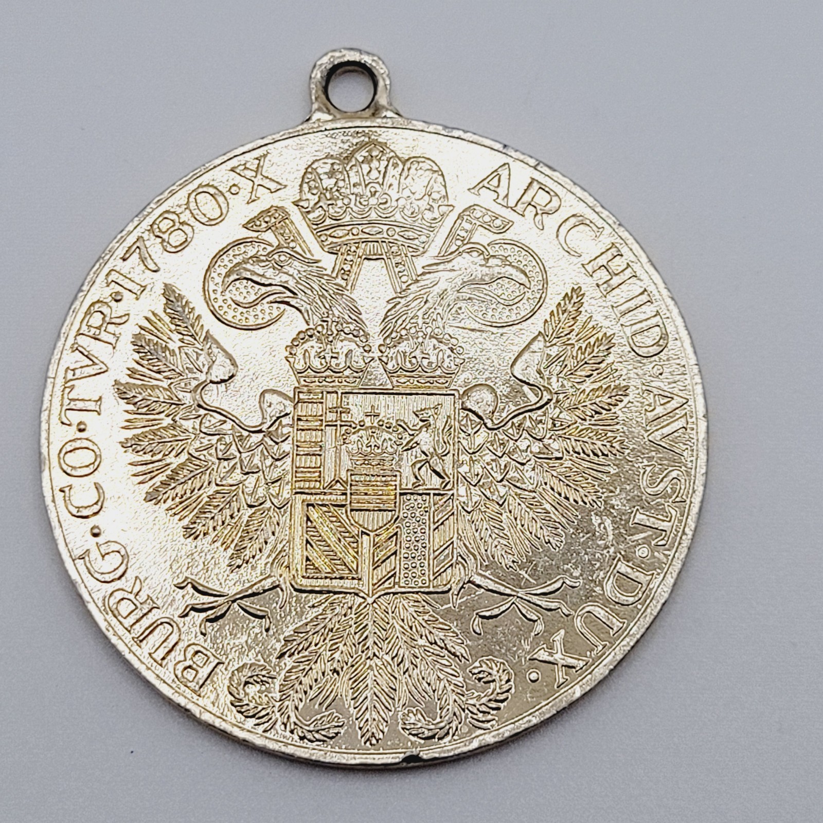 Maria Theresa Replica Token Medallion Coin Pendant Gold Tone Attached Bail