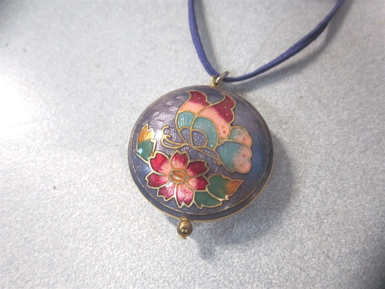 Vintage 1-1/2″ Cloisionne Pink/Red Butterfly w/ Purple Background Puffy Pendant