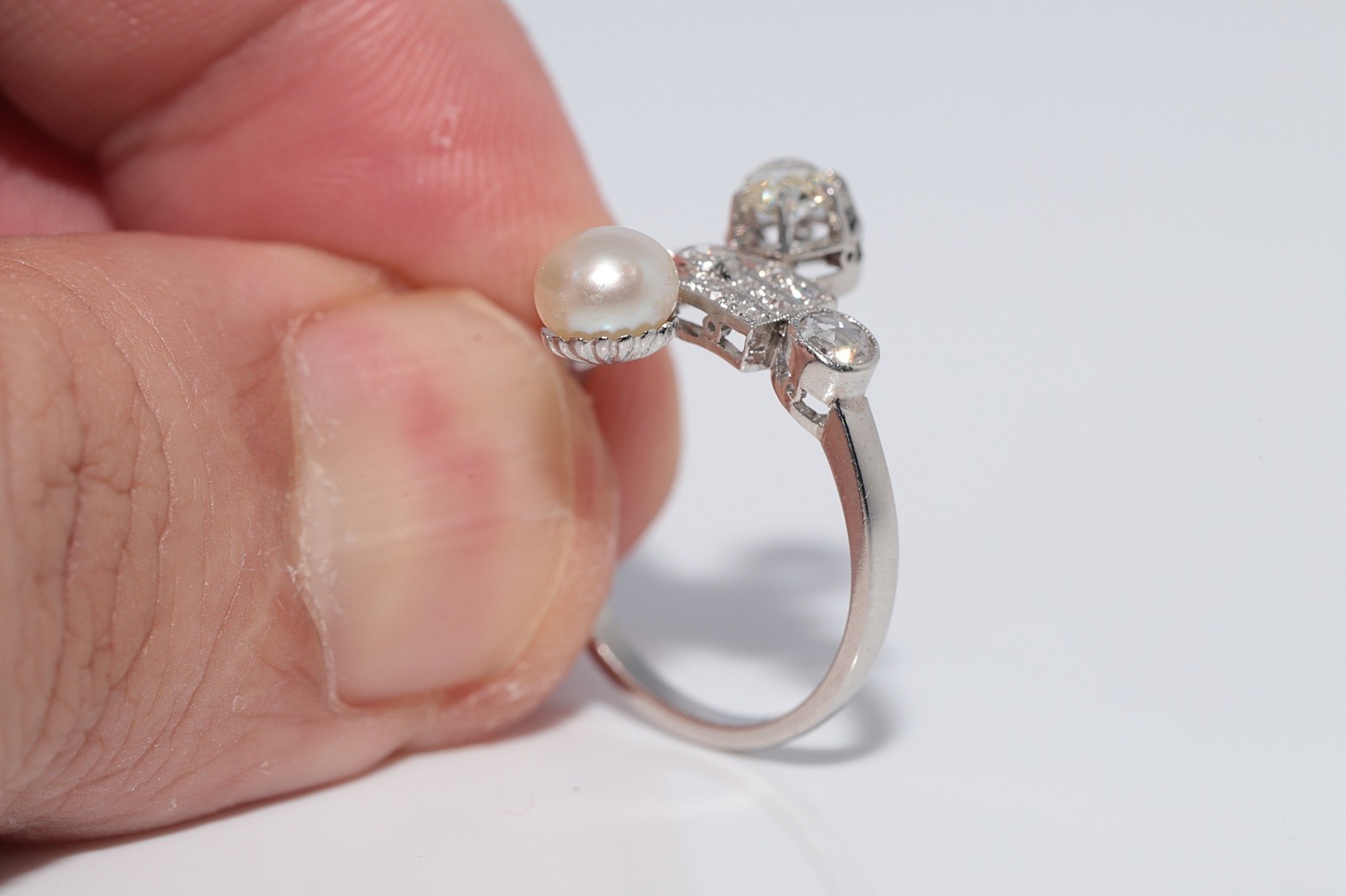 Antique Circa 1920s Platinum Art Deco Natural Diamond And Pearl Decorated Ring
