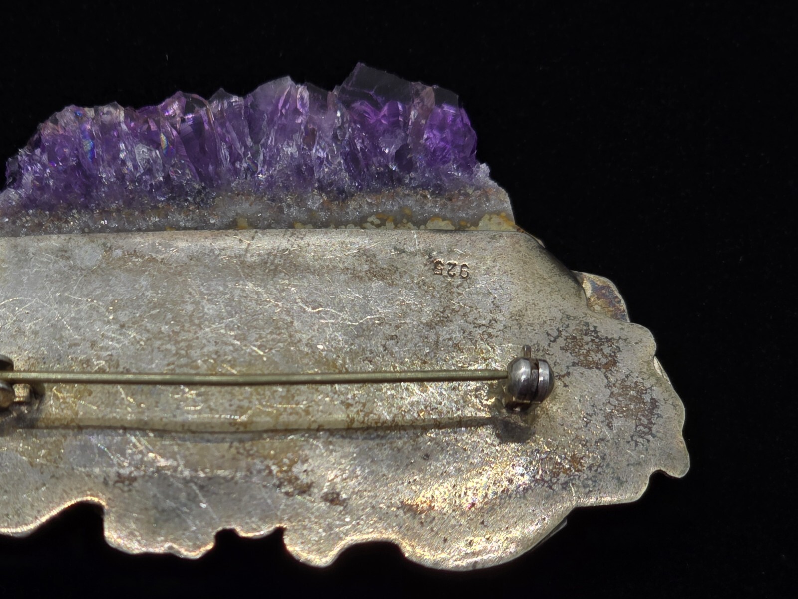 Large Vtg Artisan Sterling Silver Amethyst Geode Gemstone Brooch Pin