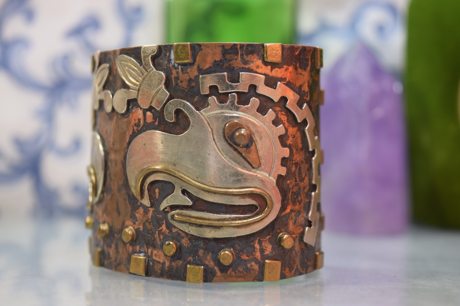 Vintage Mexico Mixed Metal Huge Aztec Bracelet Sterling Copper Brass 8″