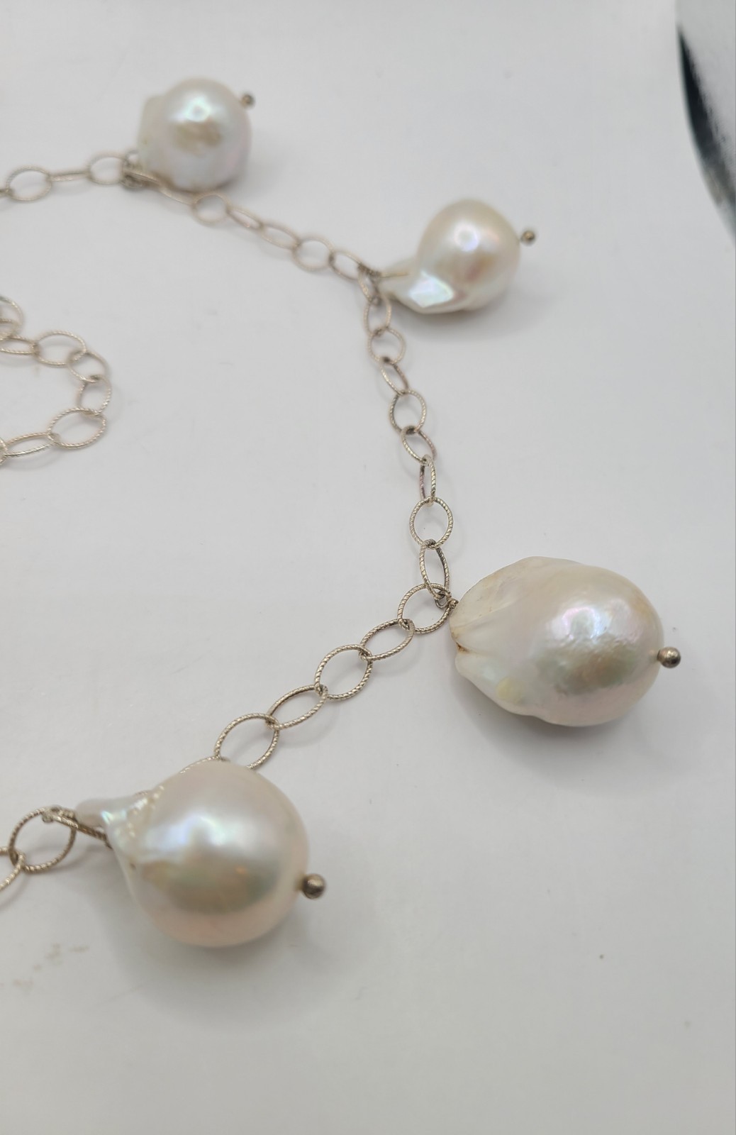 Vtg 925 Sterling Silver White Baroque Pearl Charm Station 24″ Necklace Unsigned