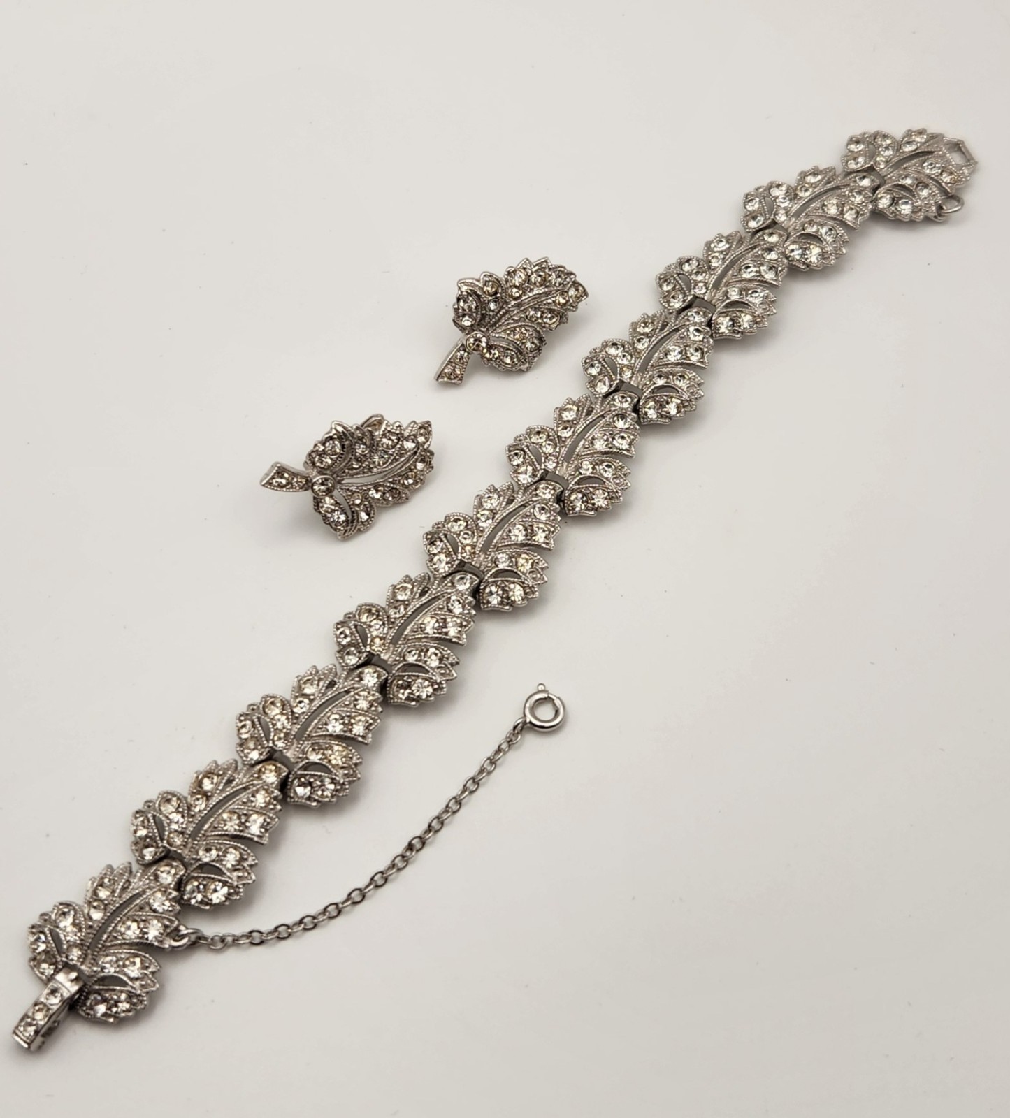 Vintage ORA Rhinestone Bracelet Clip Earrings Set Signed Silver Tone Bridal Glam