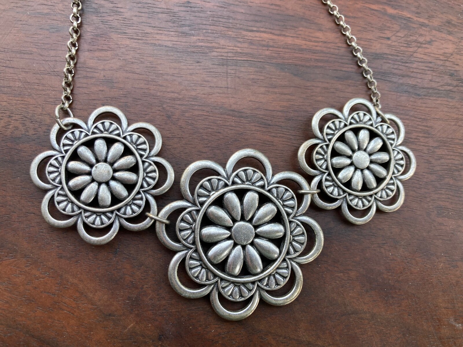 Silver Metal & CZ Statement Collar Flower Necklace Signed ‘GA’ 18-20″