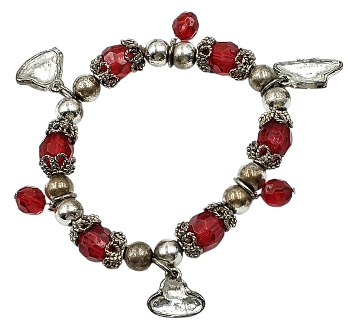 Red Hat Society Stretch 7″ Bracelet Red & Silver Beads Enamel Hat Charms Vintage