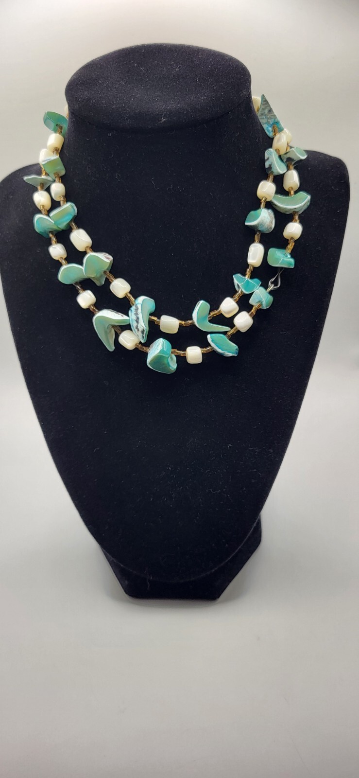 Mother Of Pearl Artisan Green Blue Shell White Vintage Necklace Hook Clasp Long