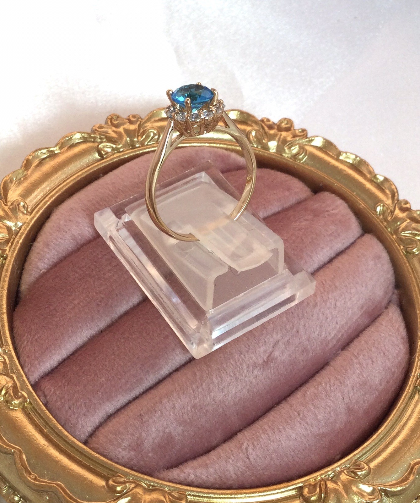 Vintage Jewellery Gold Ring Blue Topaz White Sapphires Antique Deco Jewelry P