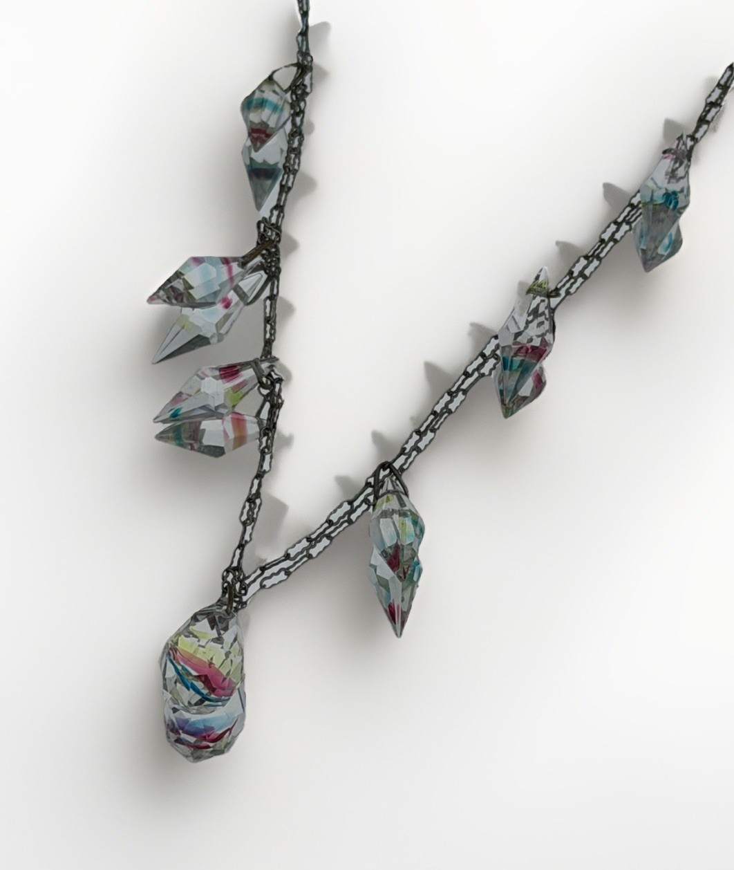 Antique Art Deco Czech Iris Crystal Rainbow Bicone Dangle 17.5″ Necklace