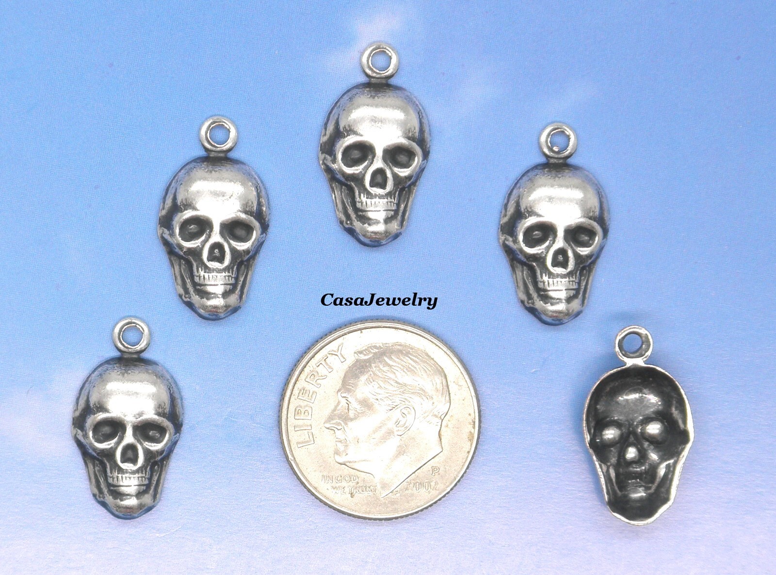 #0288 SMALL ANTIQUED STERLING SILVER PLATED SKULL W/TOP HANG RING – 6 Pcs