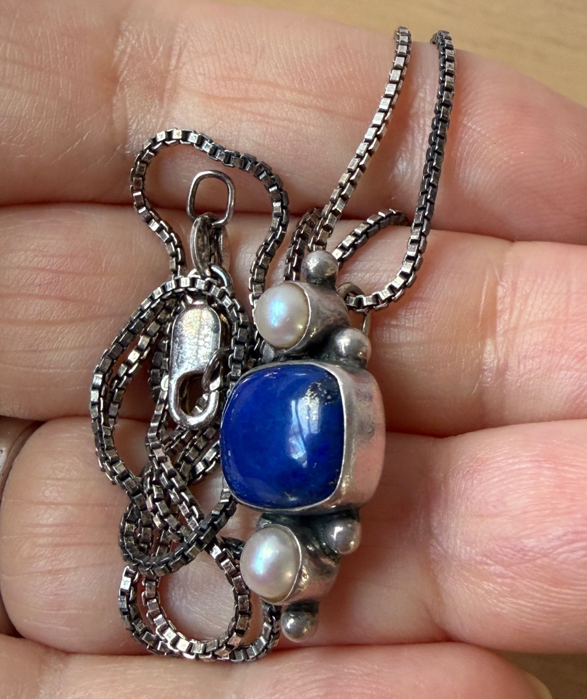 VINTAGE JGD JANICE GIRARDI LAPIS PEARL PENDANT CHAIN NECKLACE 925 STERLING SLVER