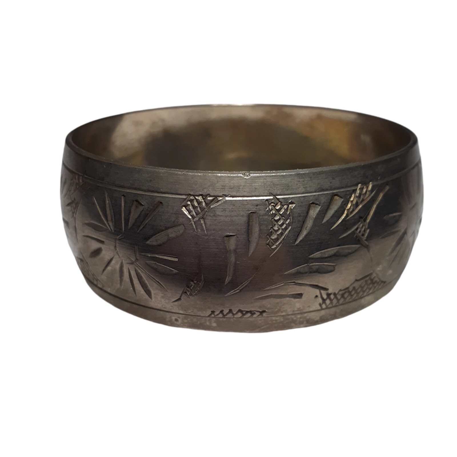 Vintage Etched Wide Bangle Bracelet Silver or Pewter1″ Tarnished