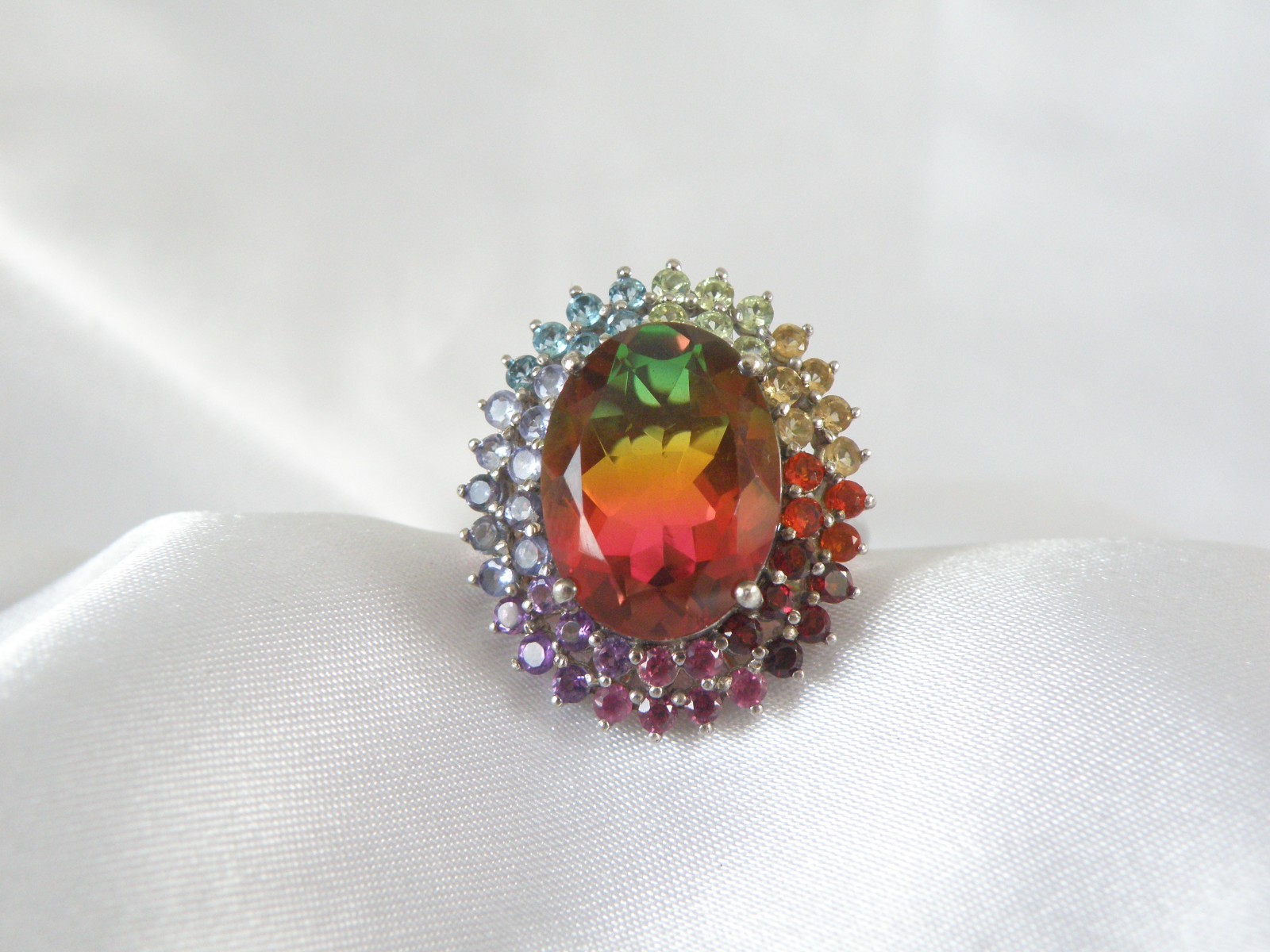 Large Sterling Silver 925 Watermelon Tourmaline Exotic Gemstone Statement Ring 8
