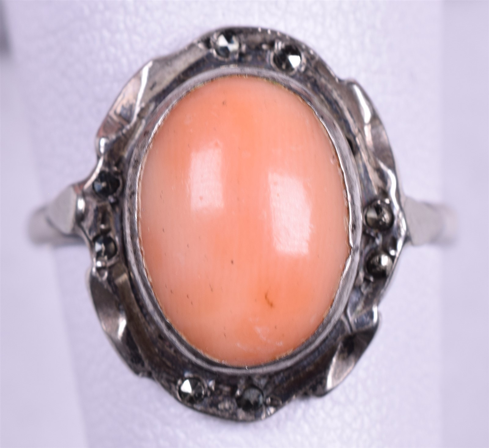 Sterling Antique Coral Marcasite Ring Size 6.5