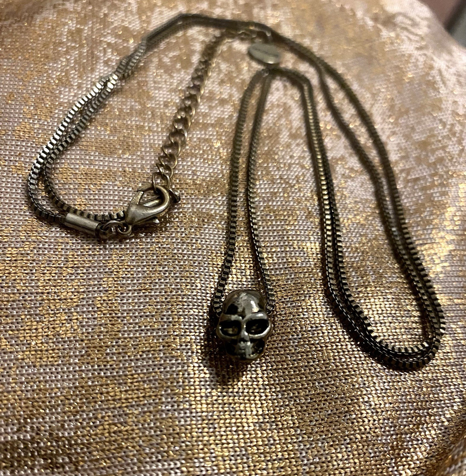 Vintage Vivace Skull Charm Necklace 32.5-35.5” Silver Tone Goth Designer Jewelry