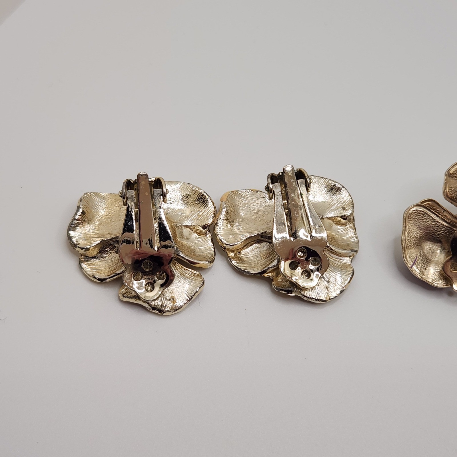 Vintage Enamel Flower Clip On Earrings 2 Pairs Pansy Blossoms Edwardian Style