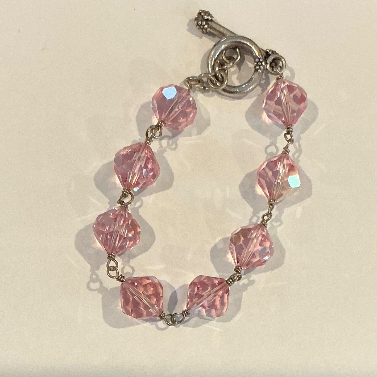 Vintage Pink Crystal Bicone Beaded 8” Bracelet Silver Toggle Clasp Non-Magnetic