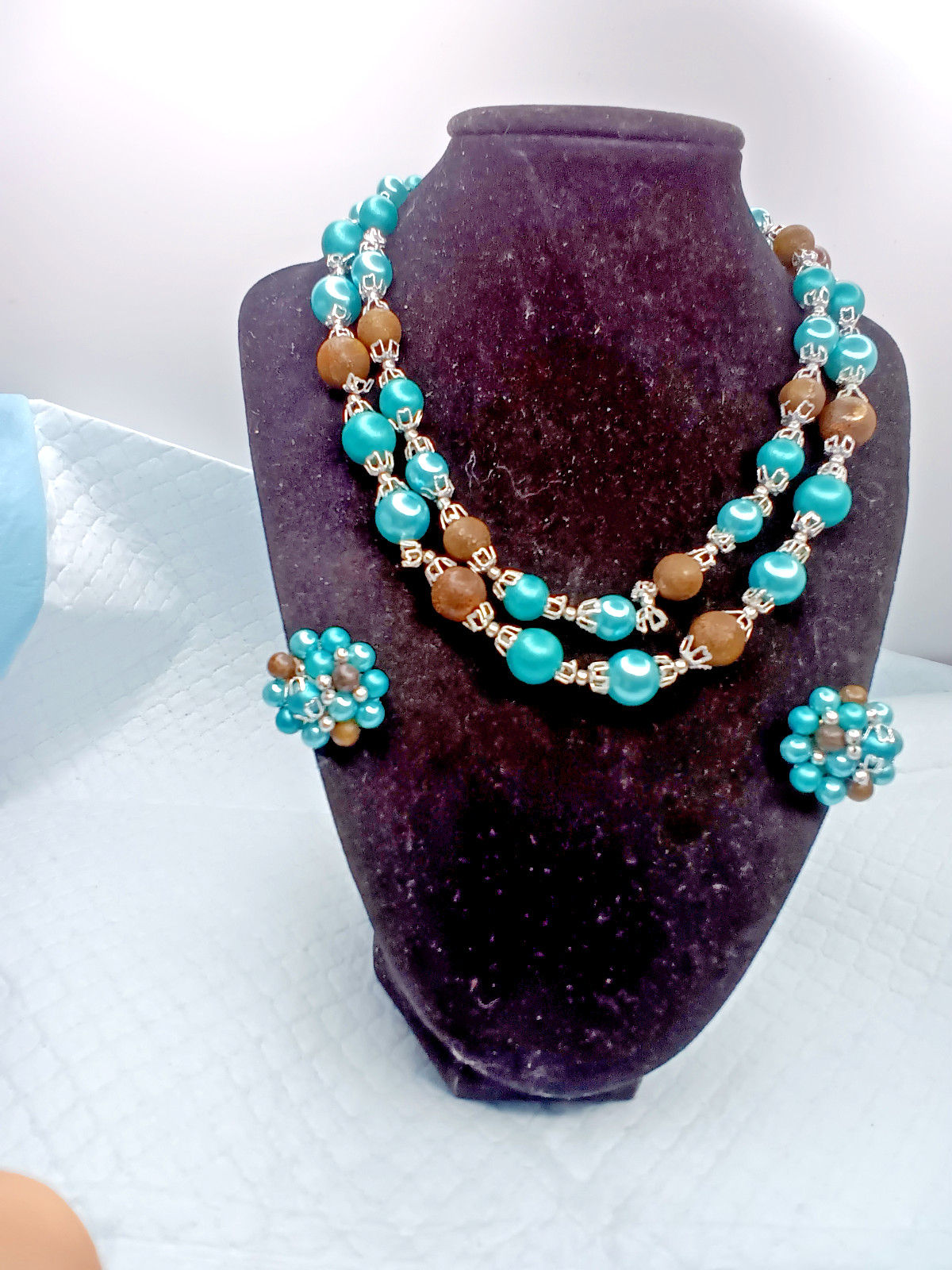 1950s Plastic Turquoise Double Strand Choker and Clip Earrings-Japan