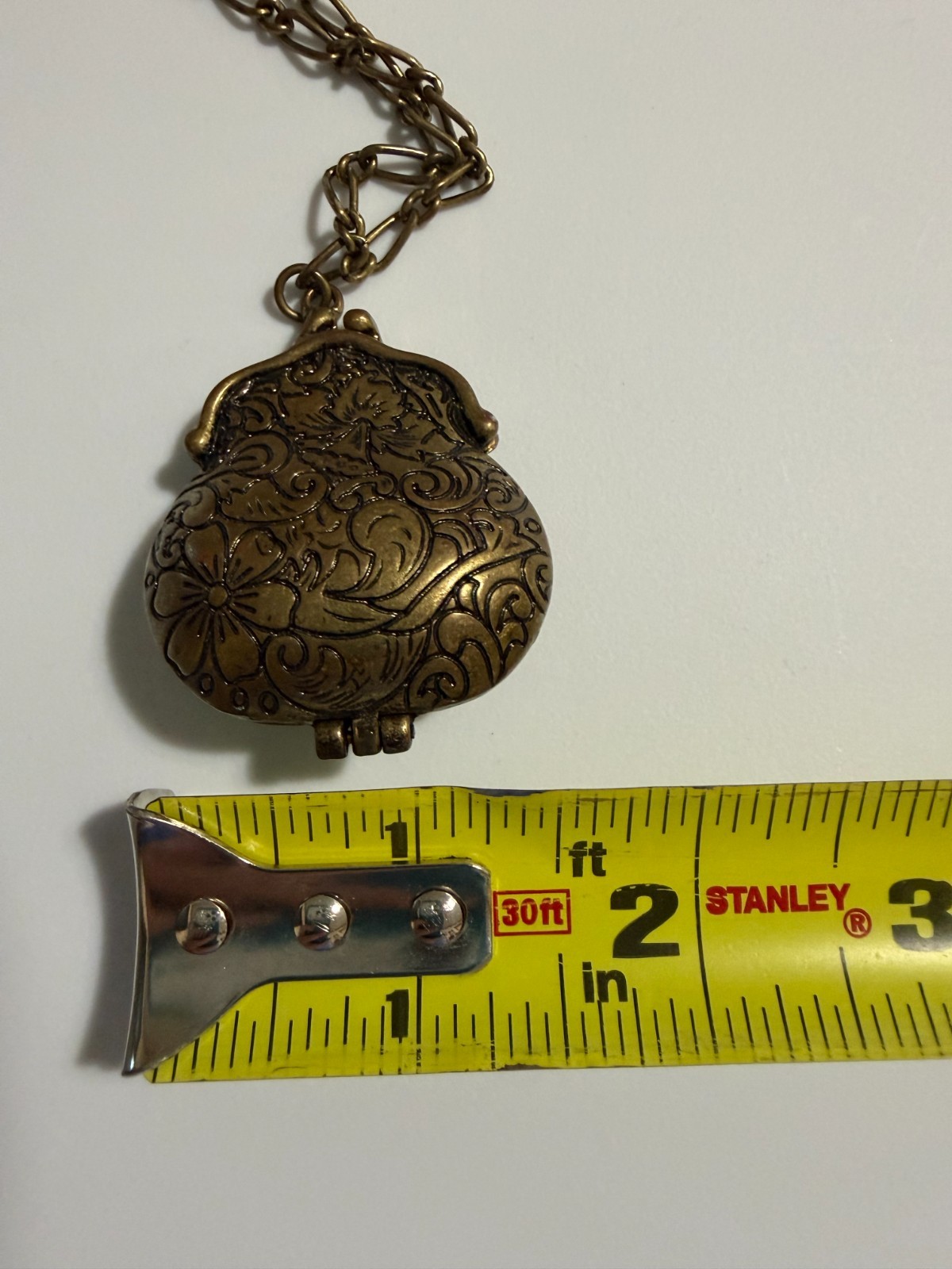 Vintage-Style Ornate Embossed Chatelaine Coin Purse Locket Necklace Floral Brass