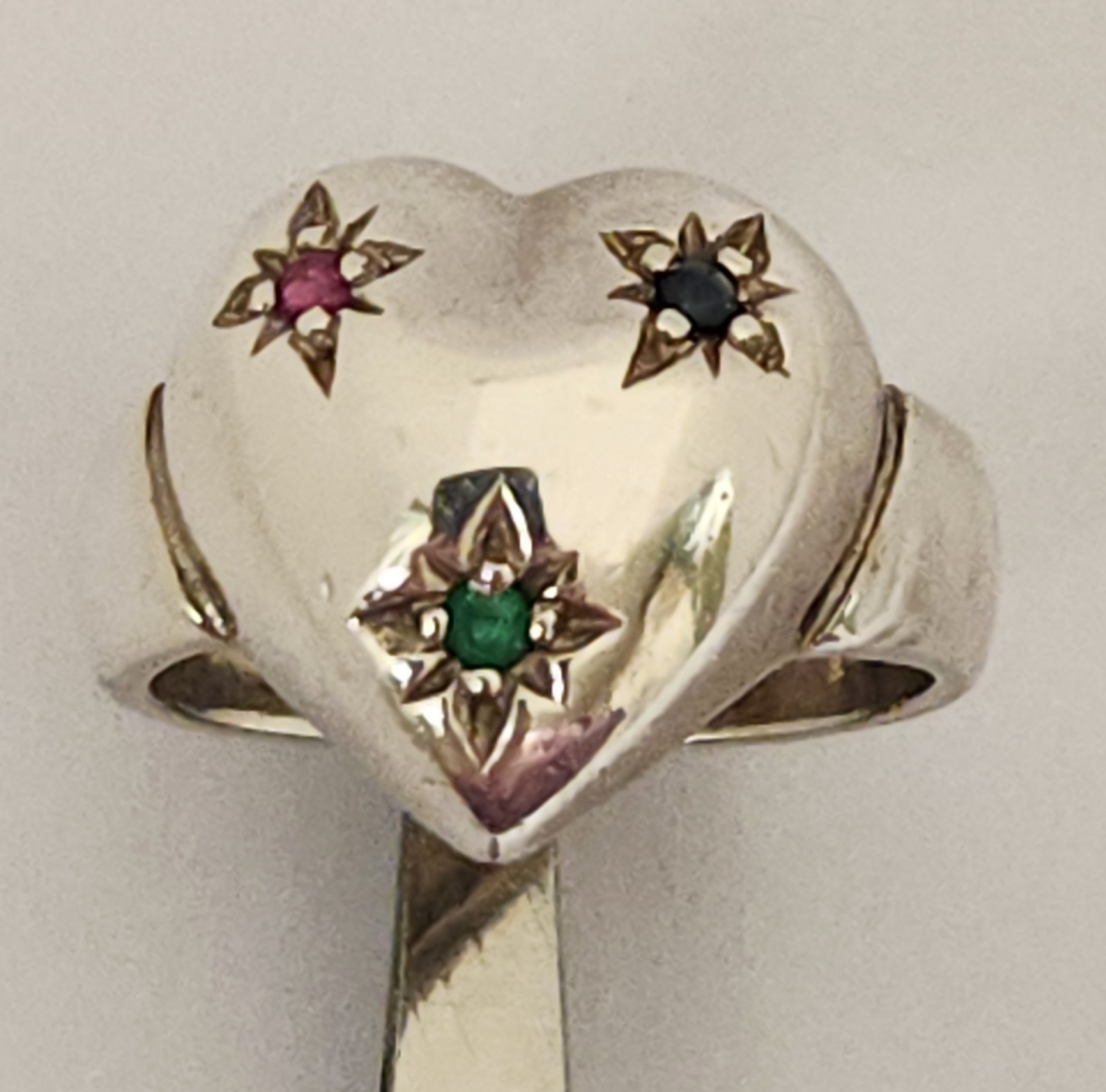 Sterling Silver Puffy Heart Star Set Genuine Ruby Sapphire Emerald Ring 6.5