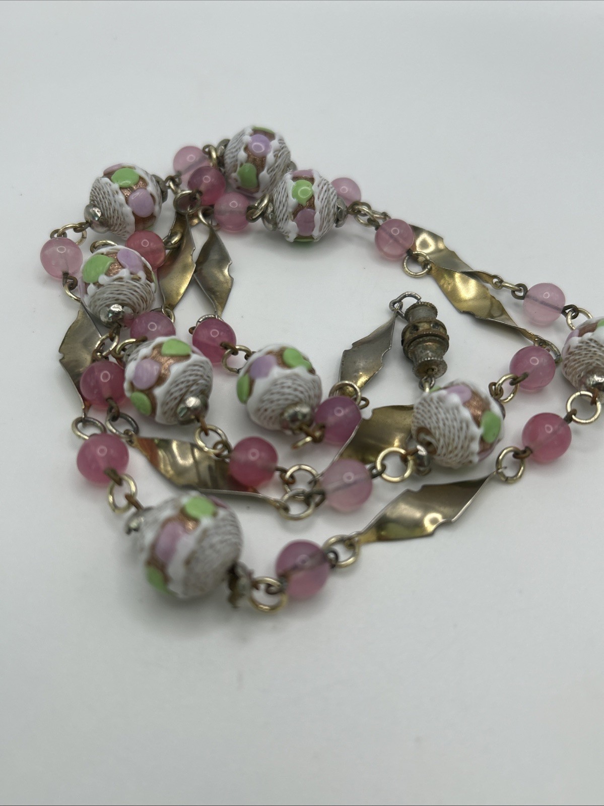 Venetian Italy Latticino Necklace Pink Green Purple White Gold Tone 1920’s VTG