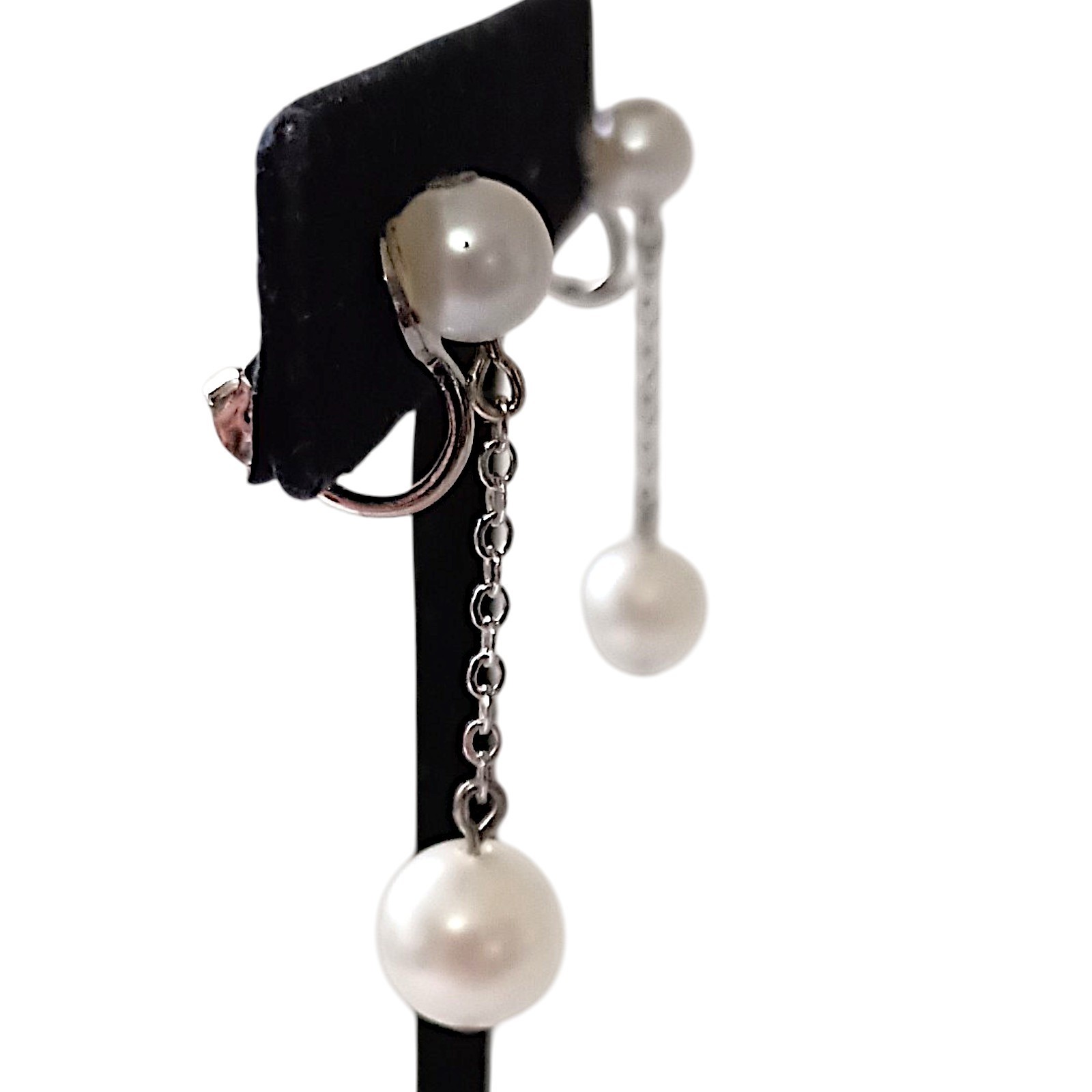 Vintage Faux Pearl Chain Dangle Earrings Dainty Delicate Silver Tone Elegant