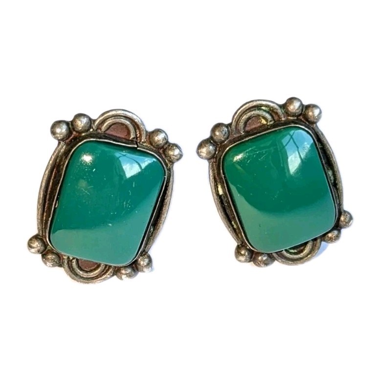 Morales Medrano 925 Sterling Silver Green Onyx Rectangular Cabochon Earrings