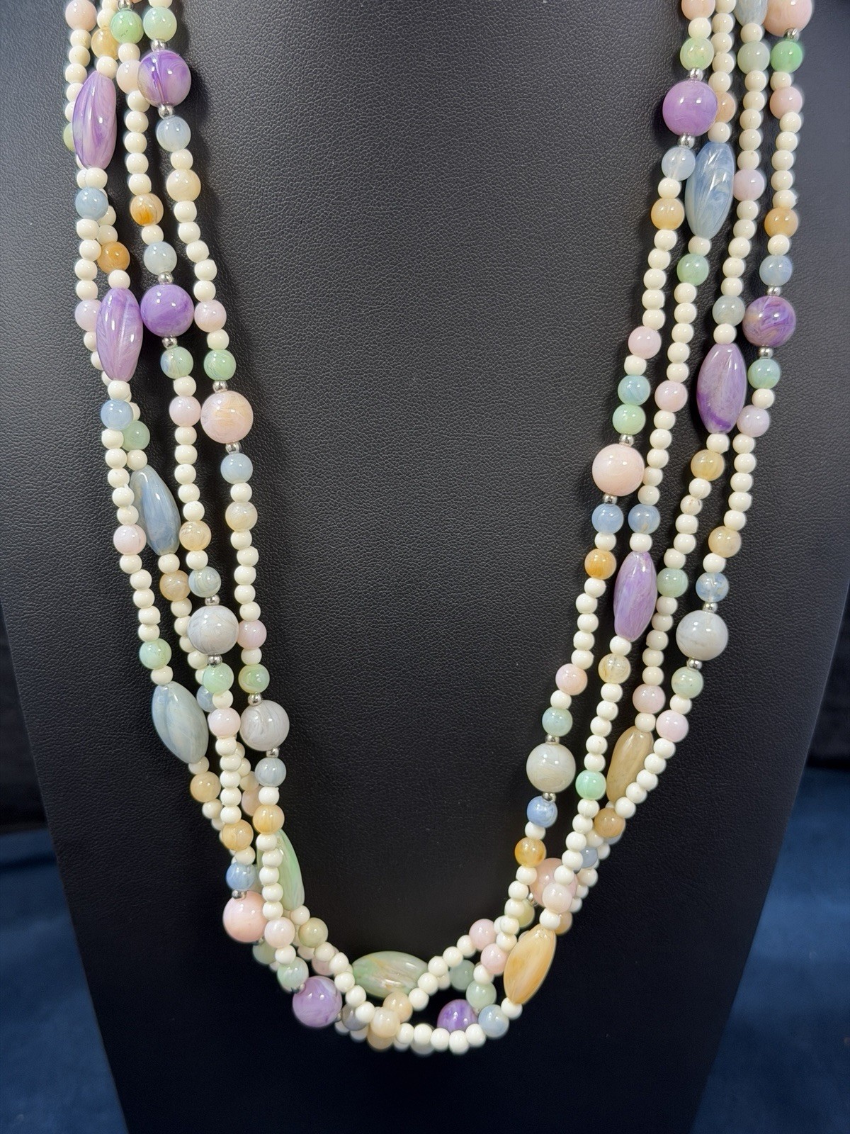 Vintage Multi Strand Glass Beaded Necklace Earrings Set 3 PC Lavender Pastels