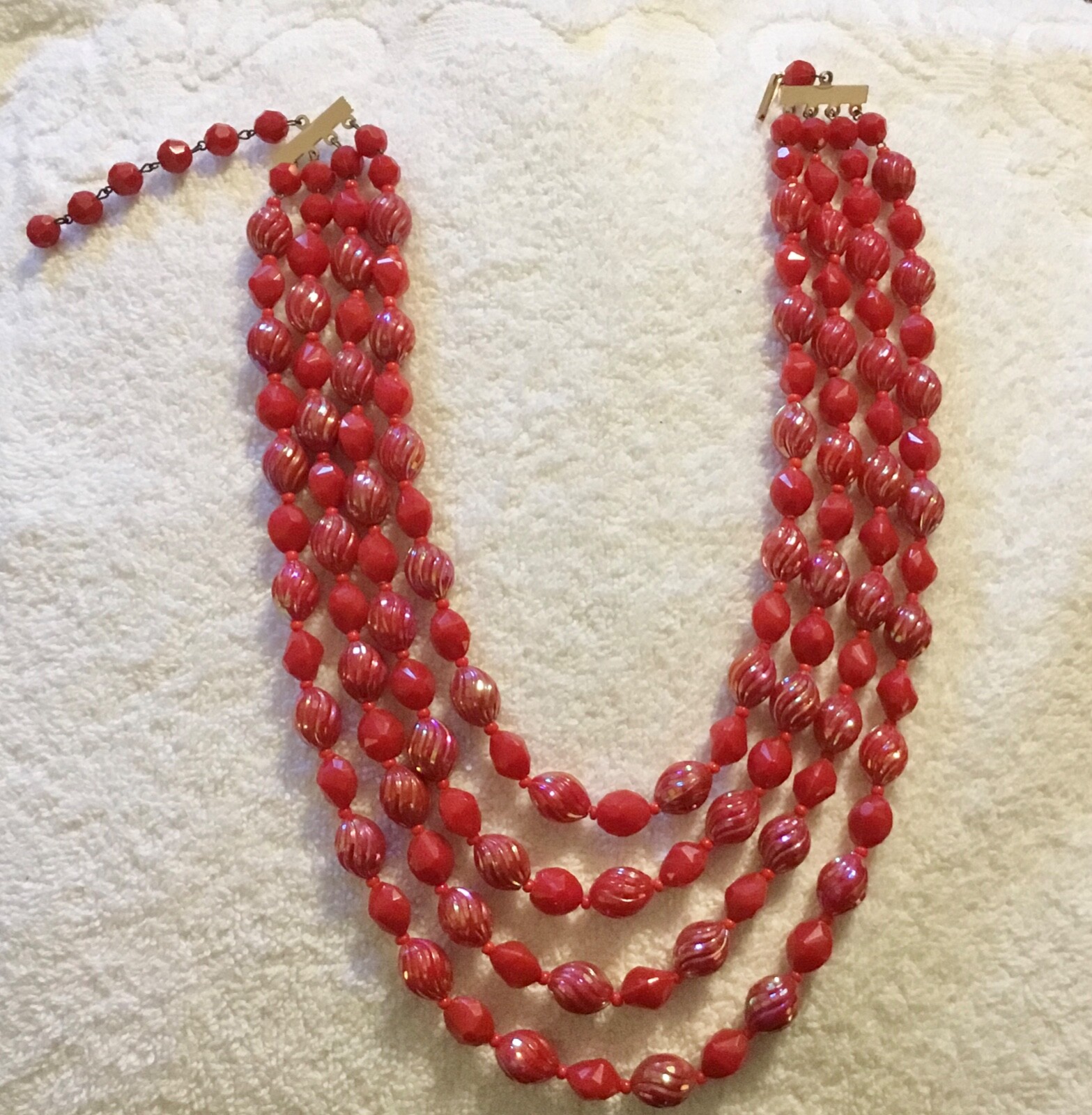 Vintage Western Germany Red/Red Iridescent 4 Stranded Beaded Necklace