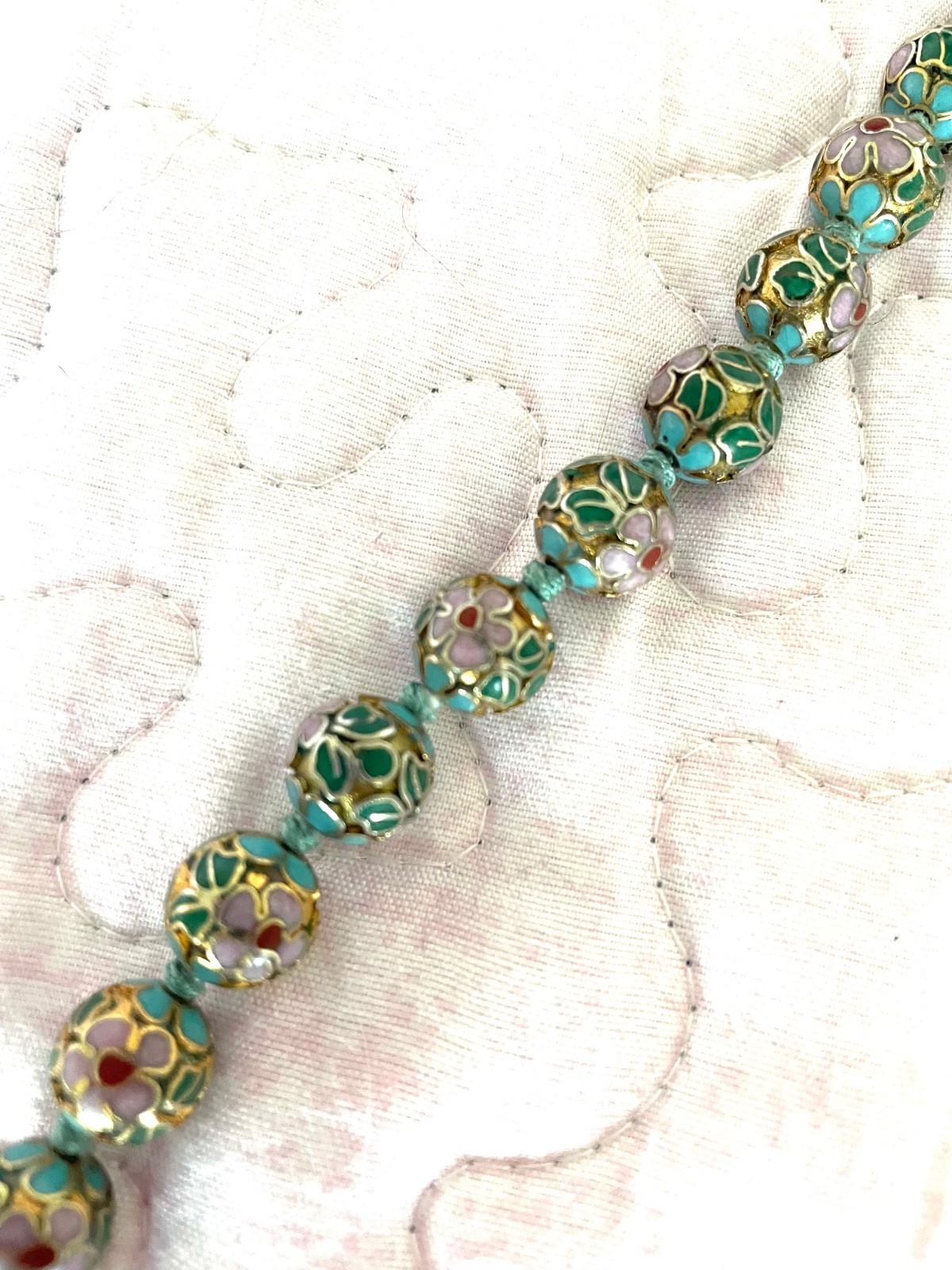 Vintage Cloisonne Chinese Enamel Blue Green Flower Beaded Necklace 29”x 1 cm