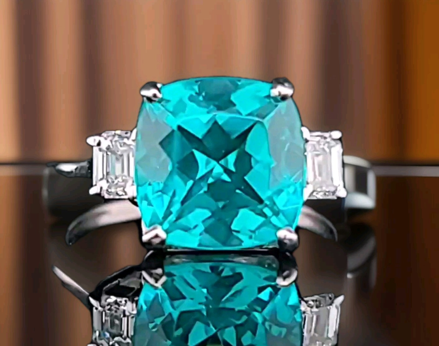 14k White Gold Engagement Ring 4.75CT. Lab-grown Paraiba Tourmaline Cushion Cut