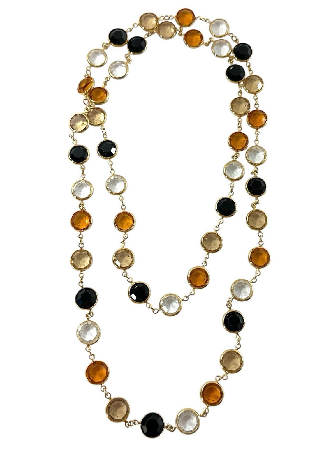 Long Gold Tone Station Necklace Amber Black Clear Faceted Crystal Bezel Set 36”