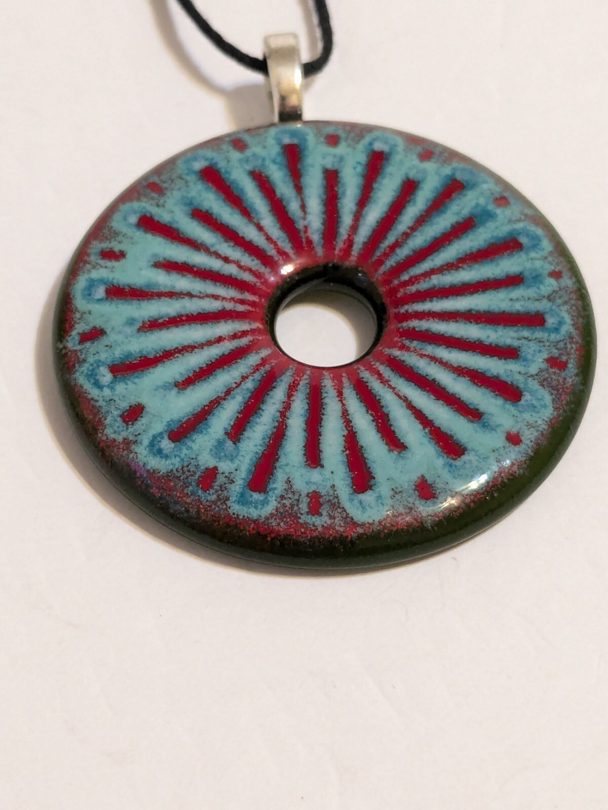 Round Multicolor Resin Pendant And Black Cord Necklace. FLAWED Cord.
