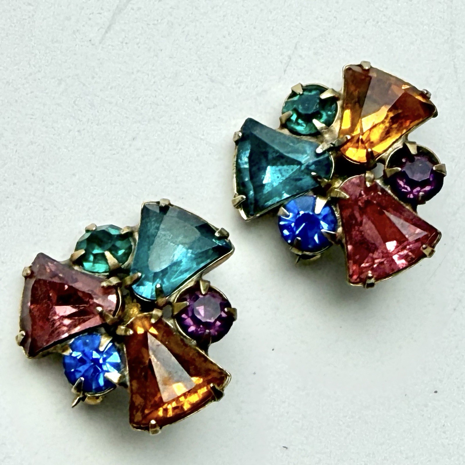 Vintage Rhinestone Scatter Collar Brooch / Pin Pair Multicolor Stones Gold Tone
