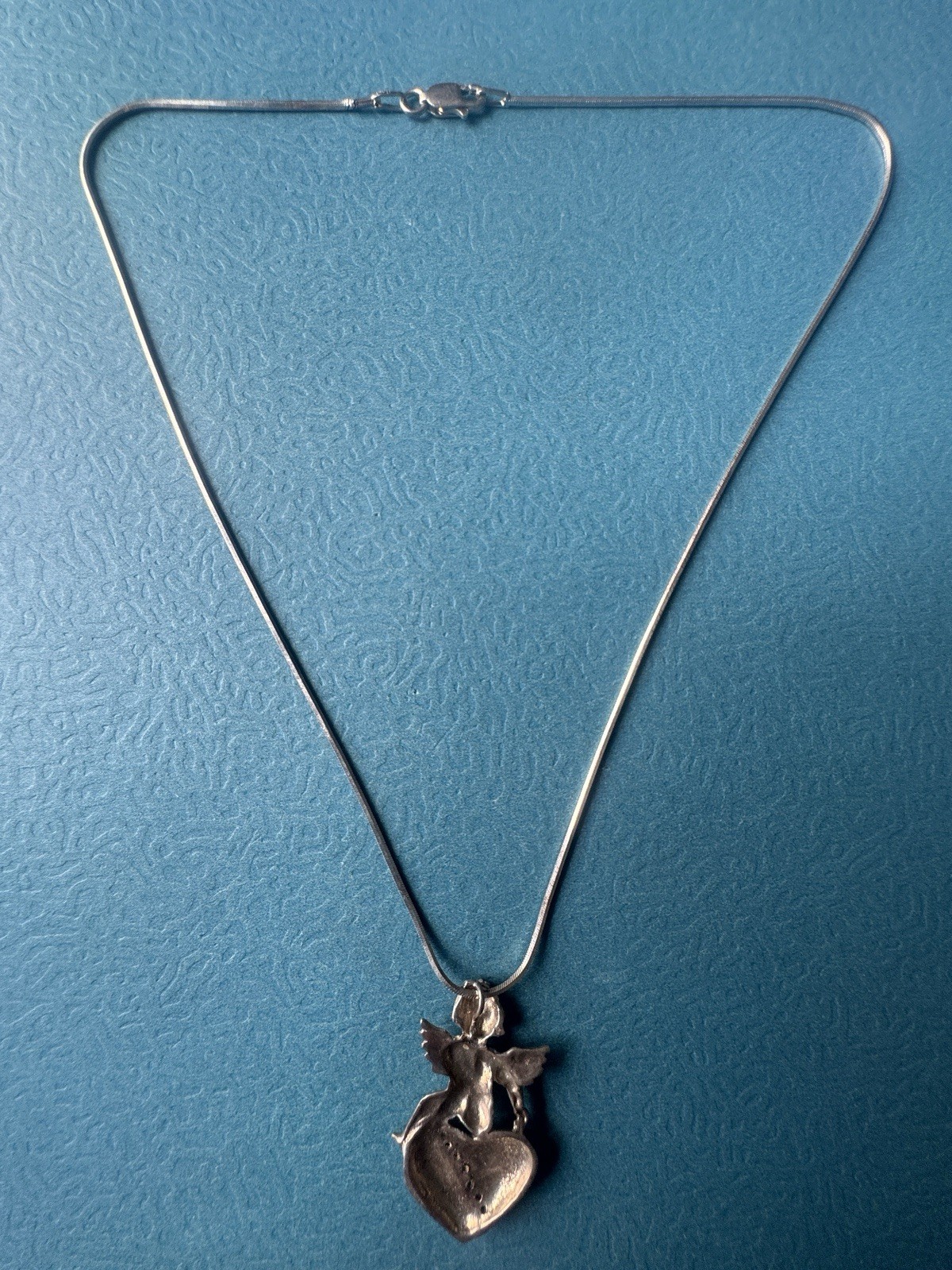 Vintage.925 Sterling Silver Angel on Heart Pendant Necklace Size 16”