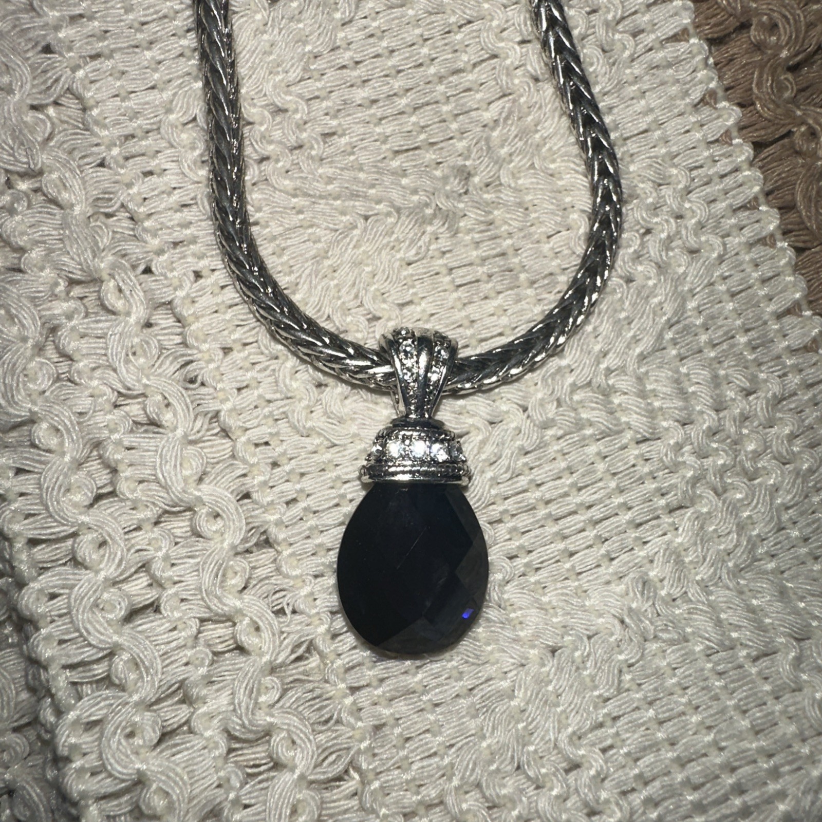 Vintage Trifari Necklace Silver Tone black stone with rhinestones tags not worn