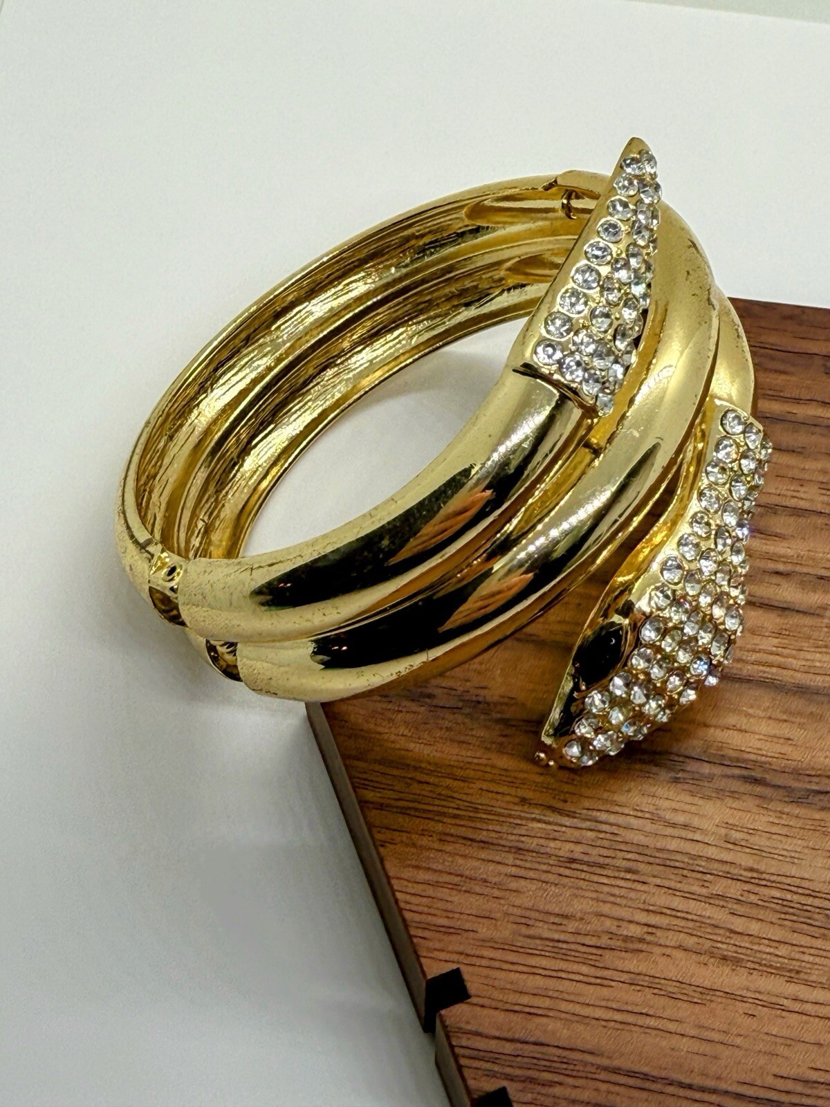 Gold Tone Rhinestone Snake Wraparound Hinge Bracelet – 2 3/8 Inch Inner D