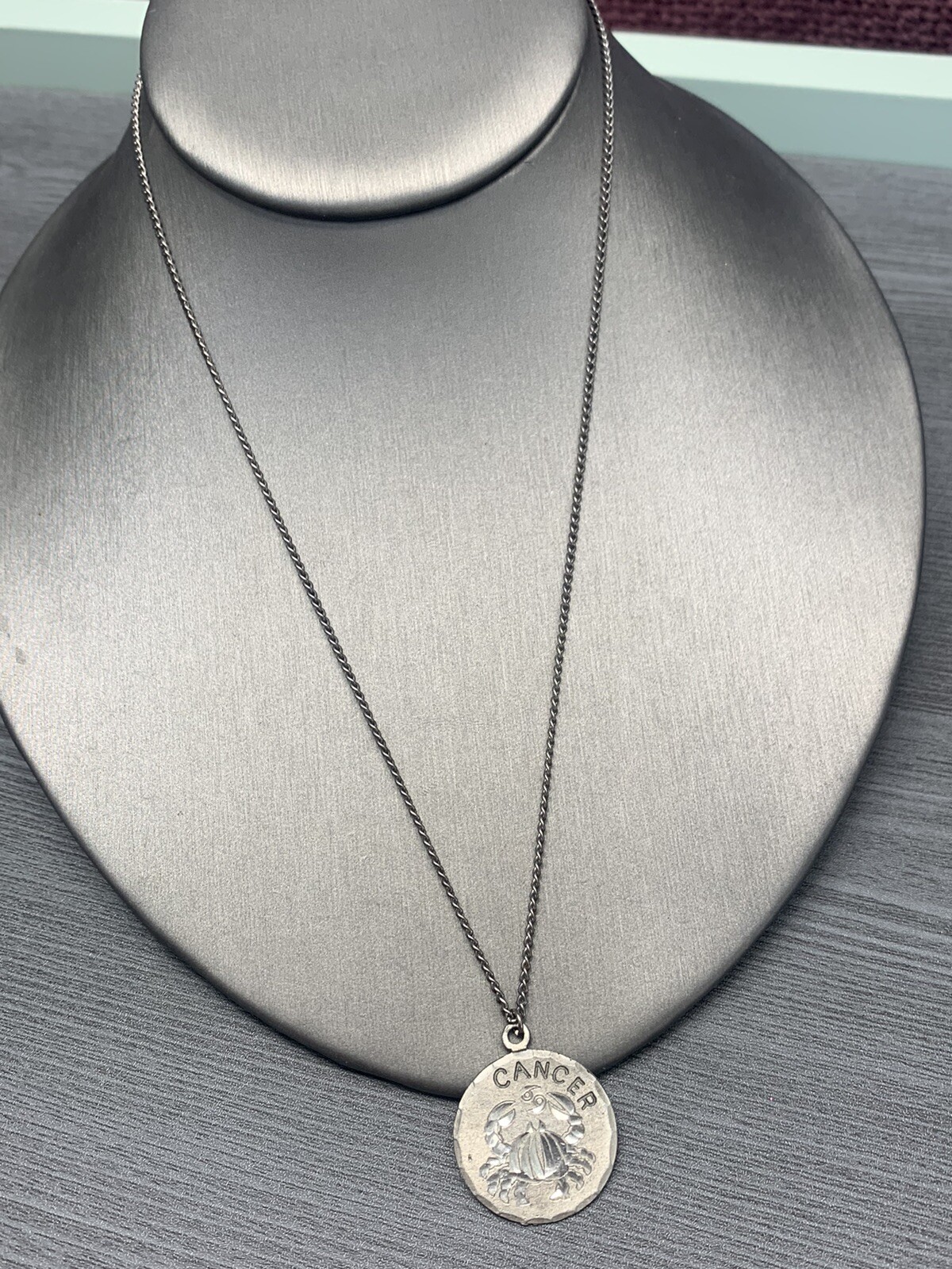 Vintage Pewter BDA Zodiac astrology Cancer Hand Engraved Pendant Necklace 18”