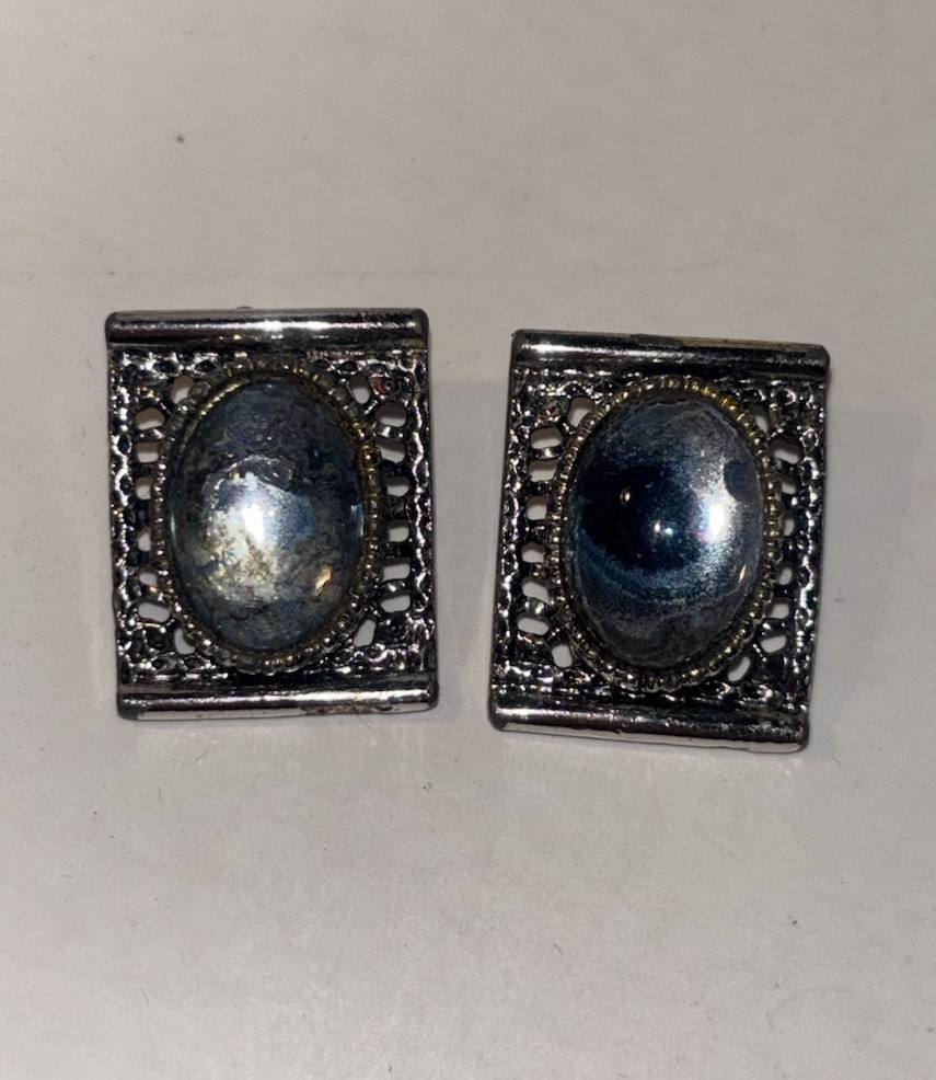 Vintage Silver Tone Blue Oval Cabochon Bracelet & Clip-On Earrings Jewelry Set