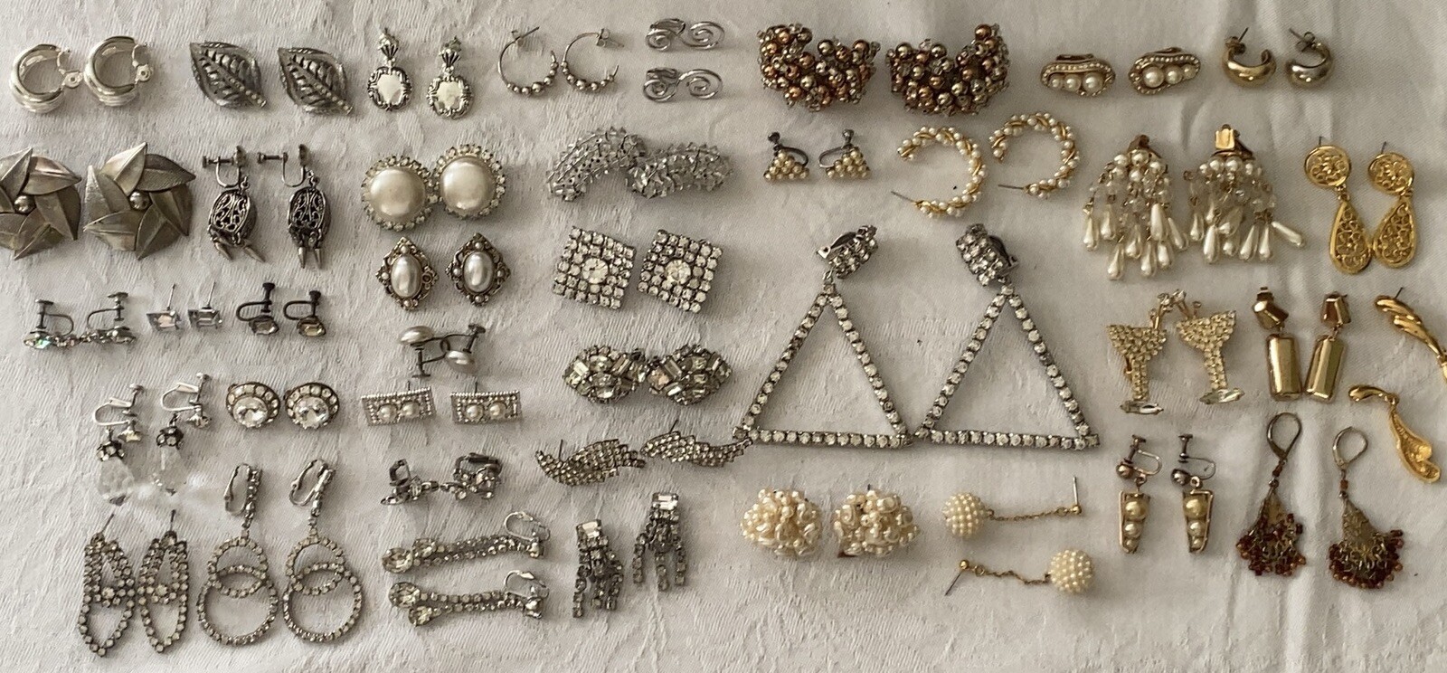 Vintage Earring Lot 40 Clip Dangle Statement Screw Sparkle Cocktail Wear Signed