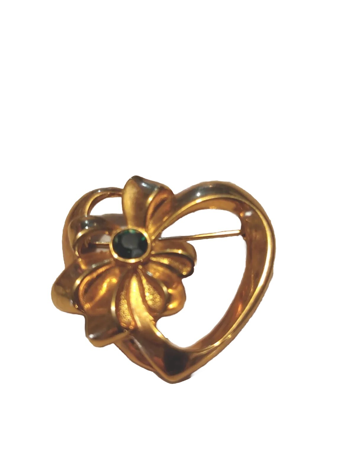 Vtg. Avon Heart Bow Brooch, May Emerald Green Birthstone, Gold Tone