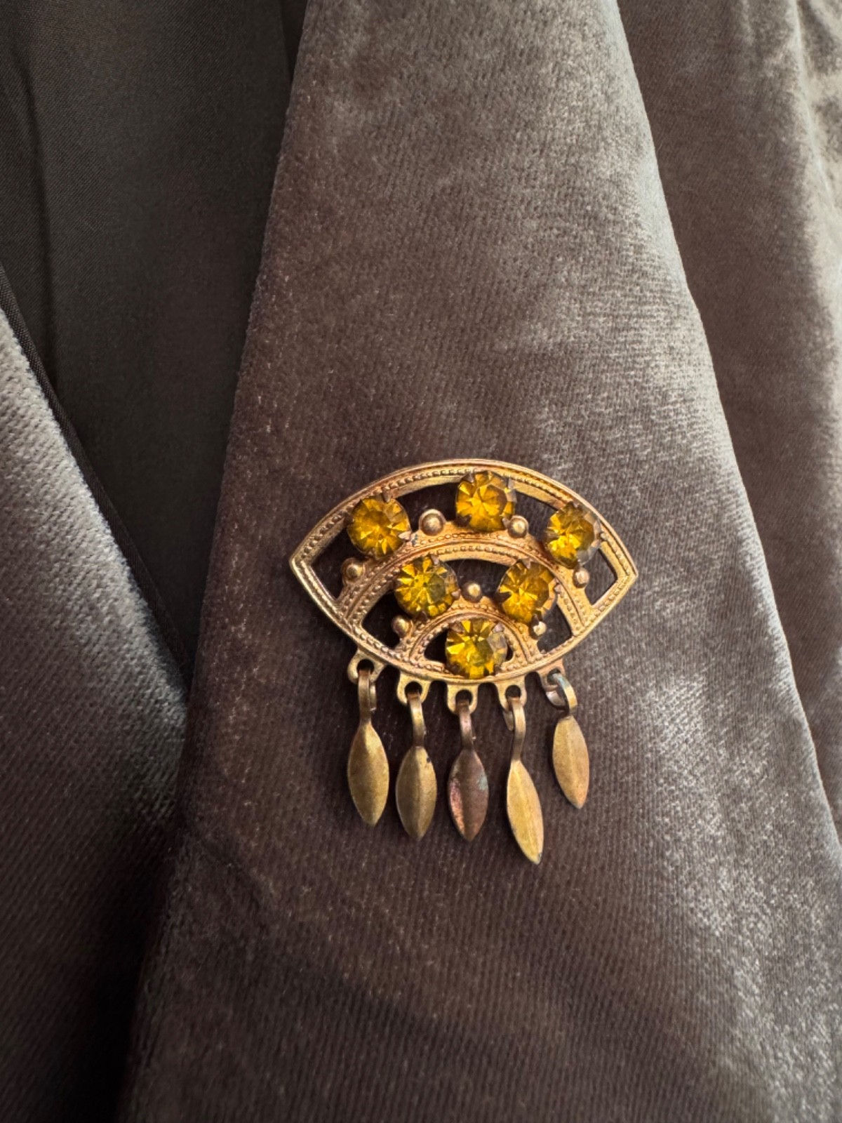 Vintage Soviet USSR Gold Plated Brooch Amber Glass Evil Eye Dangle