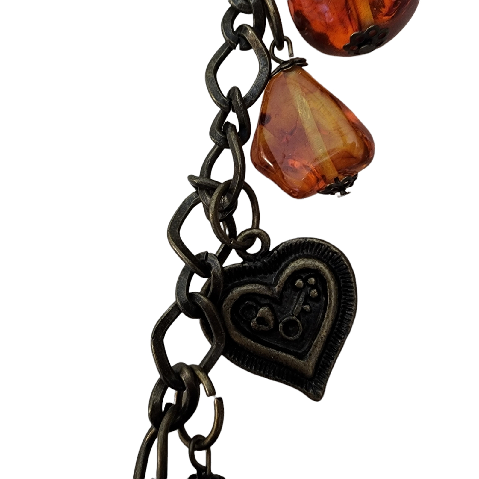 Vintage Necklace Amber Color Beaded Heart Drops Extra Long Different Shapes Vale